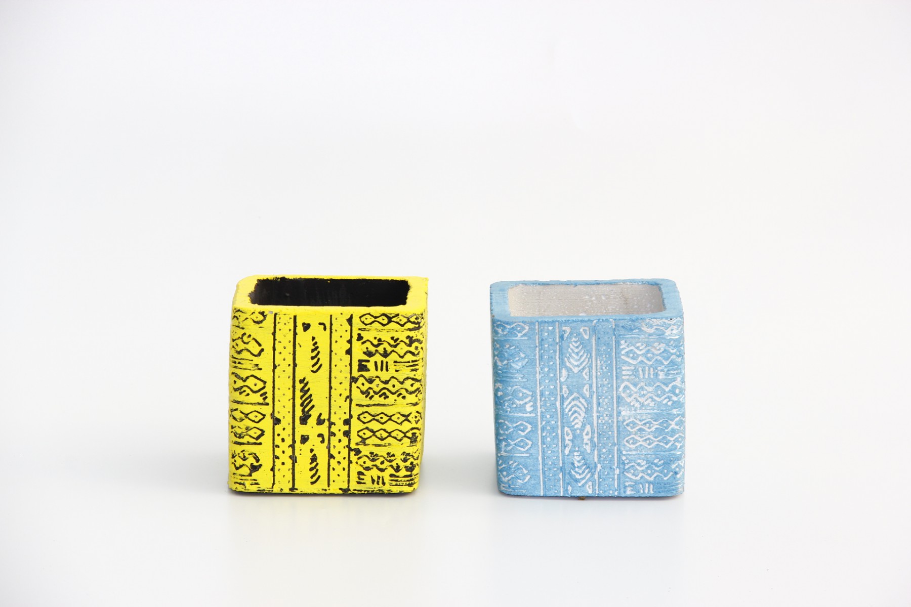 KAKTÜS SAKSI SETİ - 2 ADET EL YAPIMI ARKAİK SARI-MAVİ